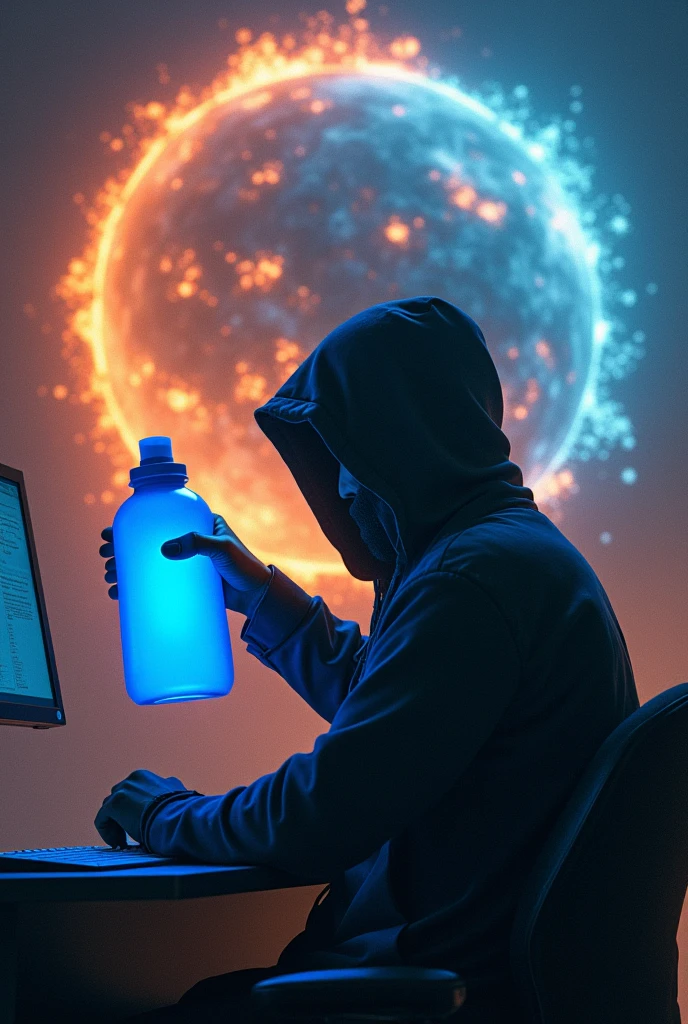 Hacker holding blue laundry detergent as the Earth is exploding