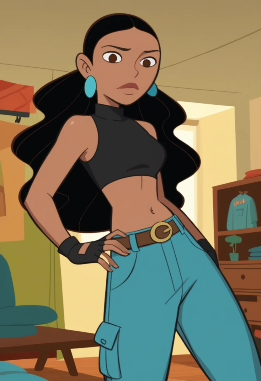 KPMonique, 1girl, cartoon, long hair, fingerless gloves, navel, midriff, belt, blue cargo pants, black crop top, turtleneck,room,room background,cowboy shot,