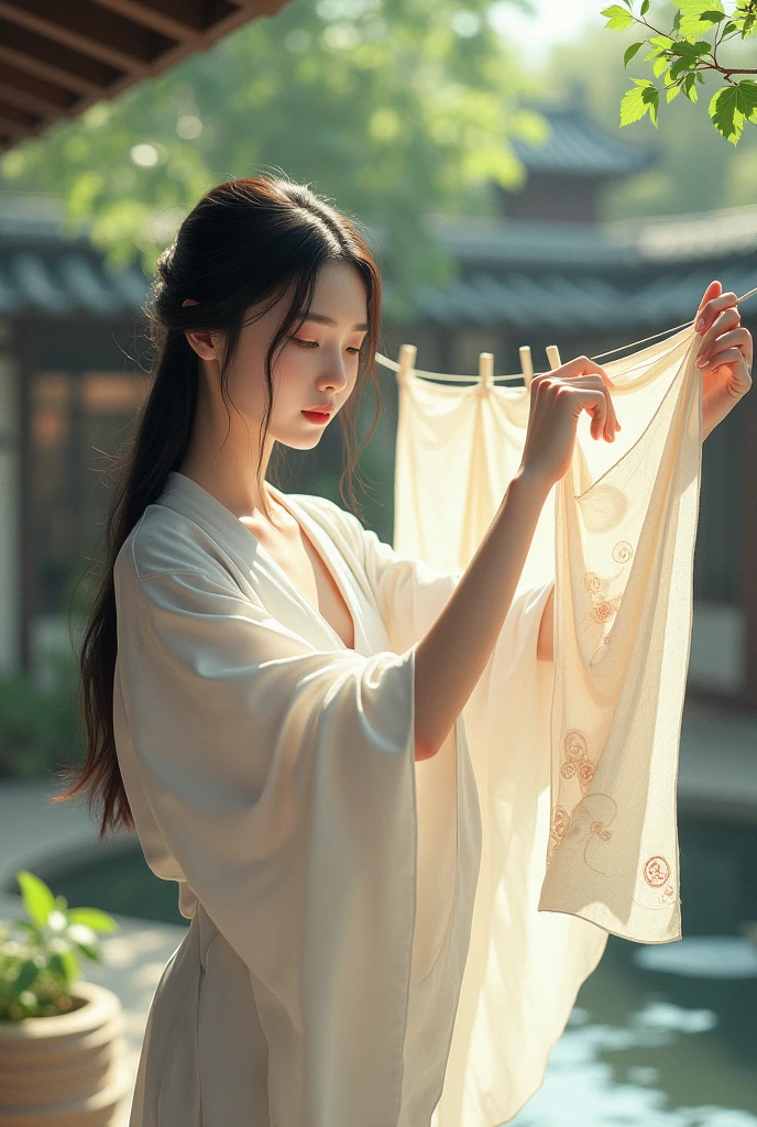 Beautiful Japanese woman hanging out laundry
