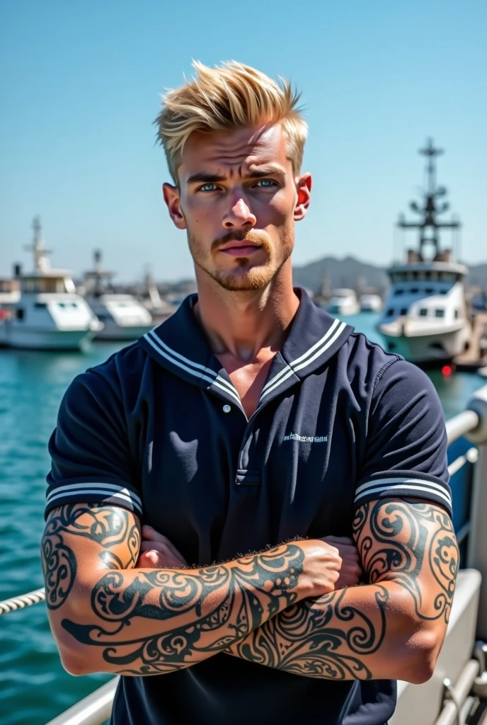 Blonde man with blue eyes and some tattoos, dress with navy uniform