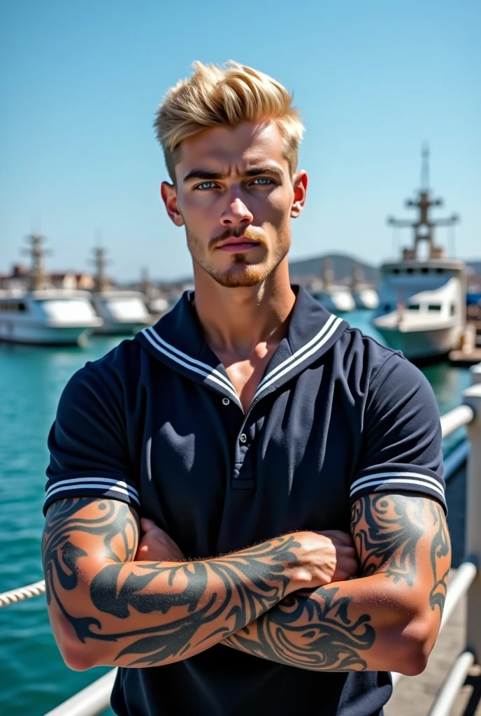 Blonde man with blue eyes and some tattoos, dress with navy uniform
