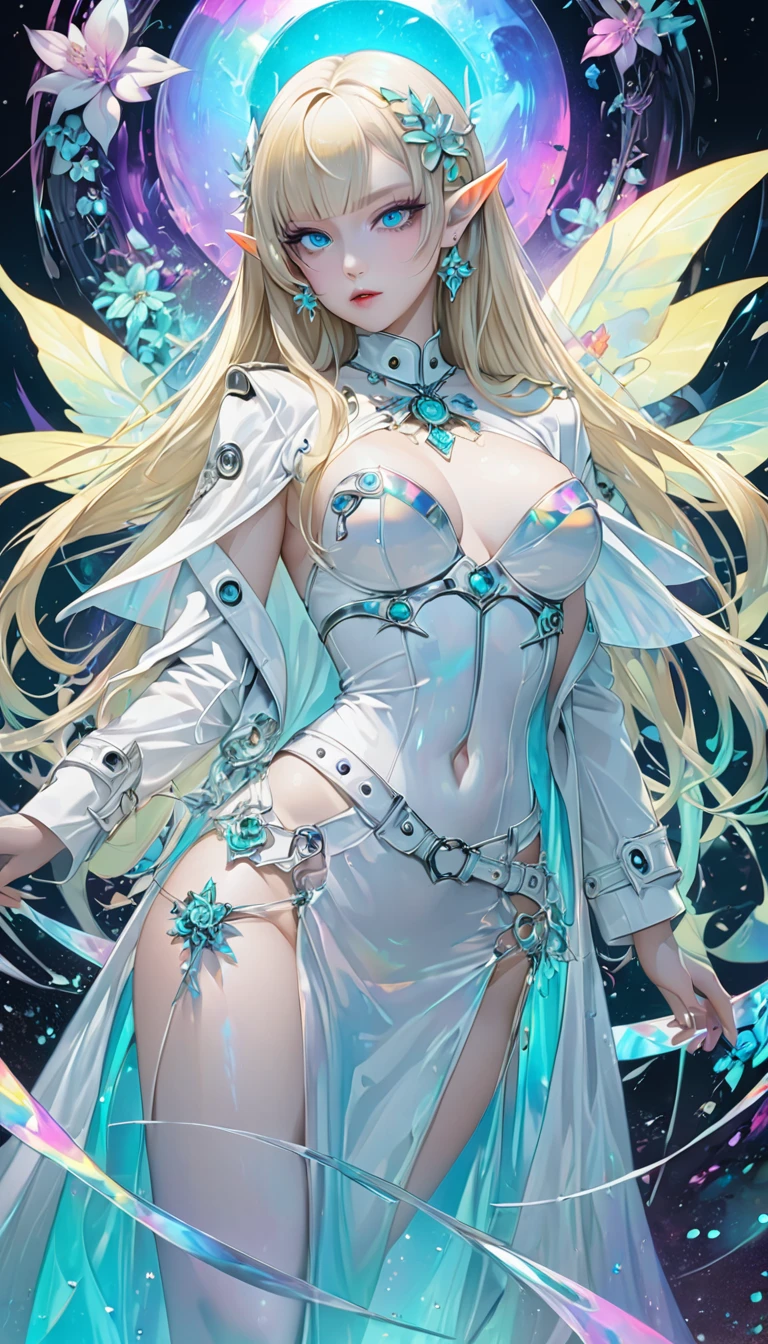 fantasy world that combines flower-punk and gem-punk, beauty elf, blonde silky straight hair with blunt bang, (attractive and seductive) and (amorous and lewd) expression, blue big eyes, glamorous proportions, wearing white knight commander costume with a large opening at the chest, background iridescent Tiffany Blue, distorted space from another dimension, conceptual installation art, (ultra detailed, absolutely resolution, best quality:1.3), 2.5D, delicate and dynamic effects, foggy filter effects, iridescent glitter effects, artistic, hyper, graphic CG digital fantasy art
