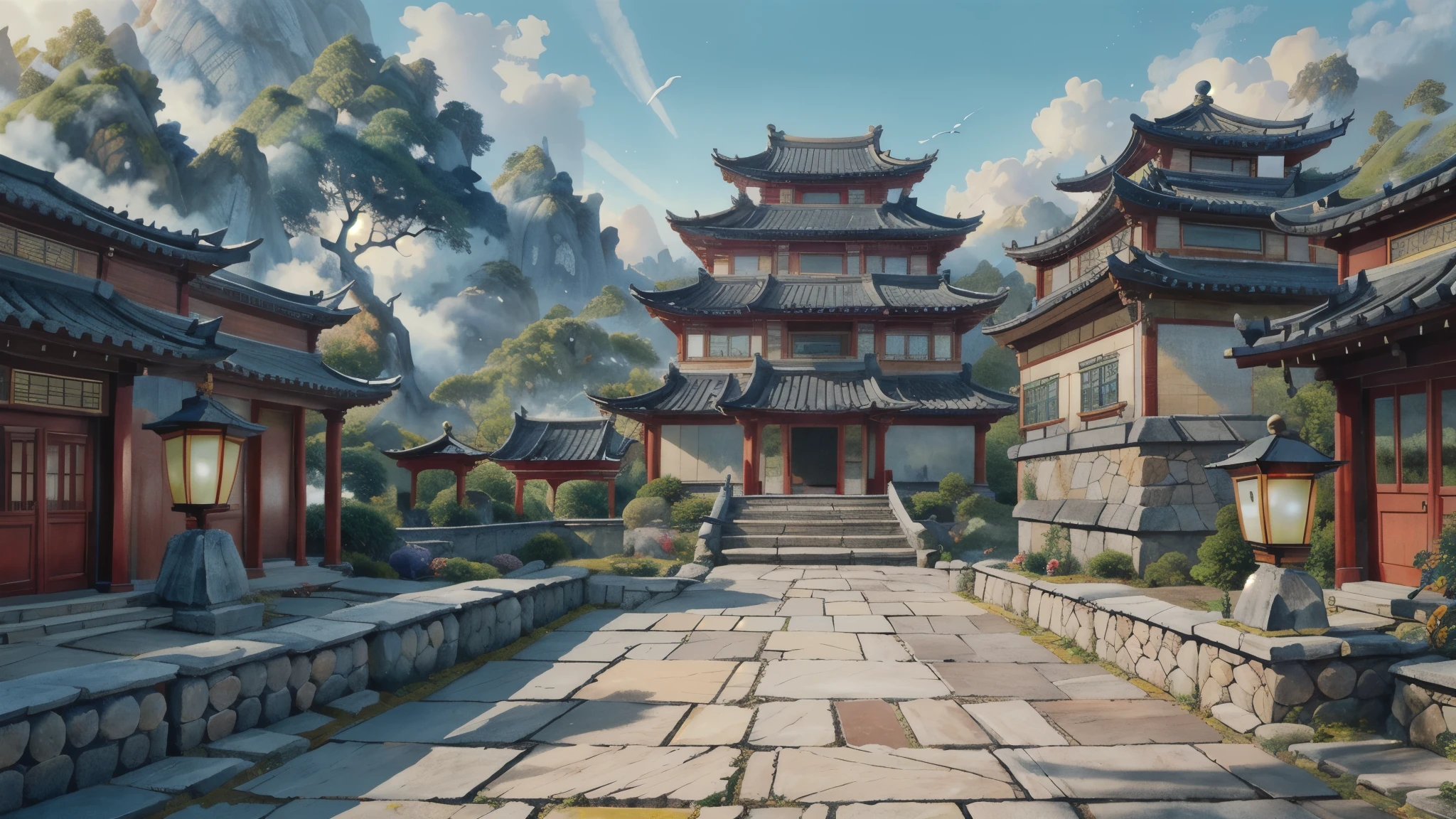 中国Ink画, masterpiece , best quality, Ink画,Guo Chao,Ink,(Xianxia scene,Fantasy fairyland scene,Pavilions,architecture具有东南亚特色,cloud雾缭绕:1.5),outdoor,Sky,daytime,cloud,Tree,Blue sky,nobody,window,plant,architecture,landscape,lantern,stairs,Potted plants,architecture,东亚architecture,landscape