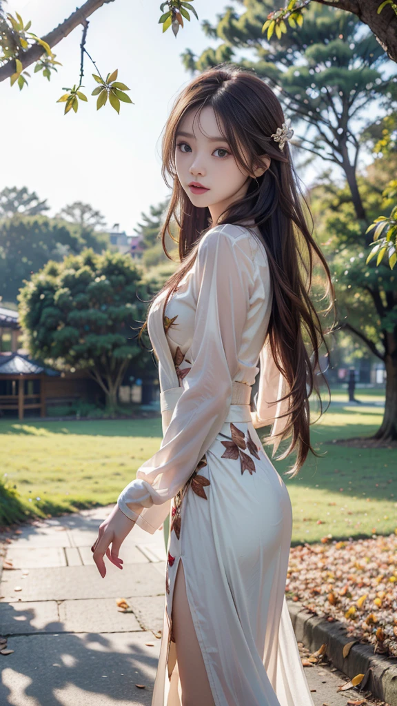 ulzzang-6500-v1.1, (RAW photo: 1.2), (Real photo), (Real photo: 1.4), 1 girl、Perfect anatomy、1 , Looking at the camera、Medium length hair、side braid, Vietnamese ao dai, walking under a tree with many fallen leaves, in the sunset, ((under a tree with many fallen leaves: 1.1))、(Business service)、Asian eyes Ella,