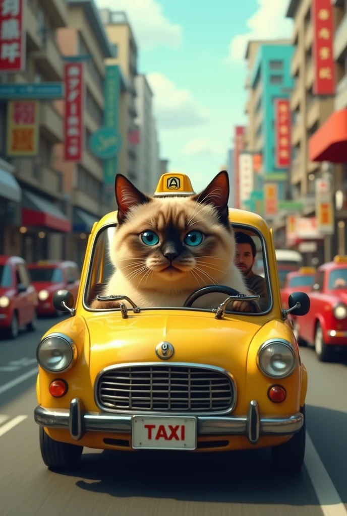 photorealistic, 8k, a siamese fat cat driving a small taxi, passengers in the back seat, navigating through city streets, wearing a tiny driver's cap, intricate details, hyper realistic, highly detailed, dynamic lighting, cinematic composition, vibrant colors, cute and whimsical, magical realism
