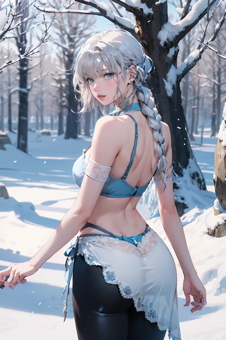 Silver Hair, (Rear View, Rear View),(Highest quality,High resolution,Very detailed,Actual),Target,A world covered in silver, Snow covered branches, , Snowflakes dance like elves, Turning the world into a silver fairy tale, Chill, Quiet and beautiful snow scenery., Cozy and quiet, (Ocean Art 2.1), (Background Frozen white trees Snow falling:1.4) , (Beautiful Blue Eyes、Big stone black eye:1.4) , (Realistic) ,8K high quality, detailed art, Fan Art Best Art Station, Fantasy art style ,(String), (レーザーString), Stockings Bra, Leggings White,Sexy Body,(Mature woman's body), Browsing Caution