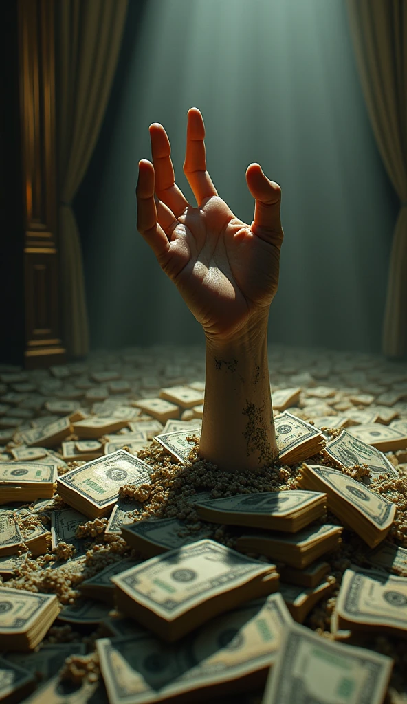 A lifeless hand protrudes from a massive pile of money, fingers curled as if grasping for something just out of reach. The mountain of cash, once symbols of power and success, now serves as a suffocating tomb, burying the person beneath its weight. The surrounding room is eerily silent, the opulence of the scattered wealth contrasted by the tragic stillness of the scene. The gleam of the money, cold and indifferent, only amplifies the loss—the ultimate price of a life spent in pursuit of wealth, ending in lonely oblivion beneath the very riches that were once so desperately sought.