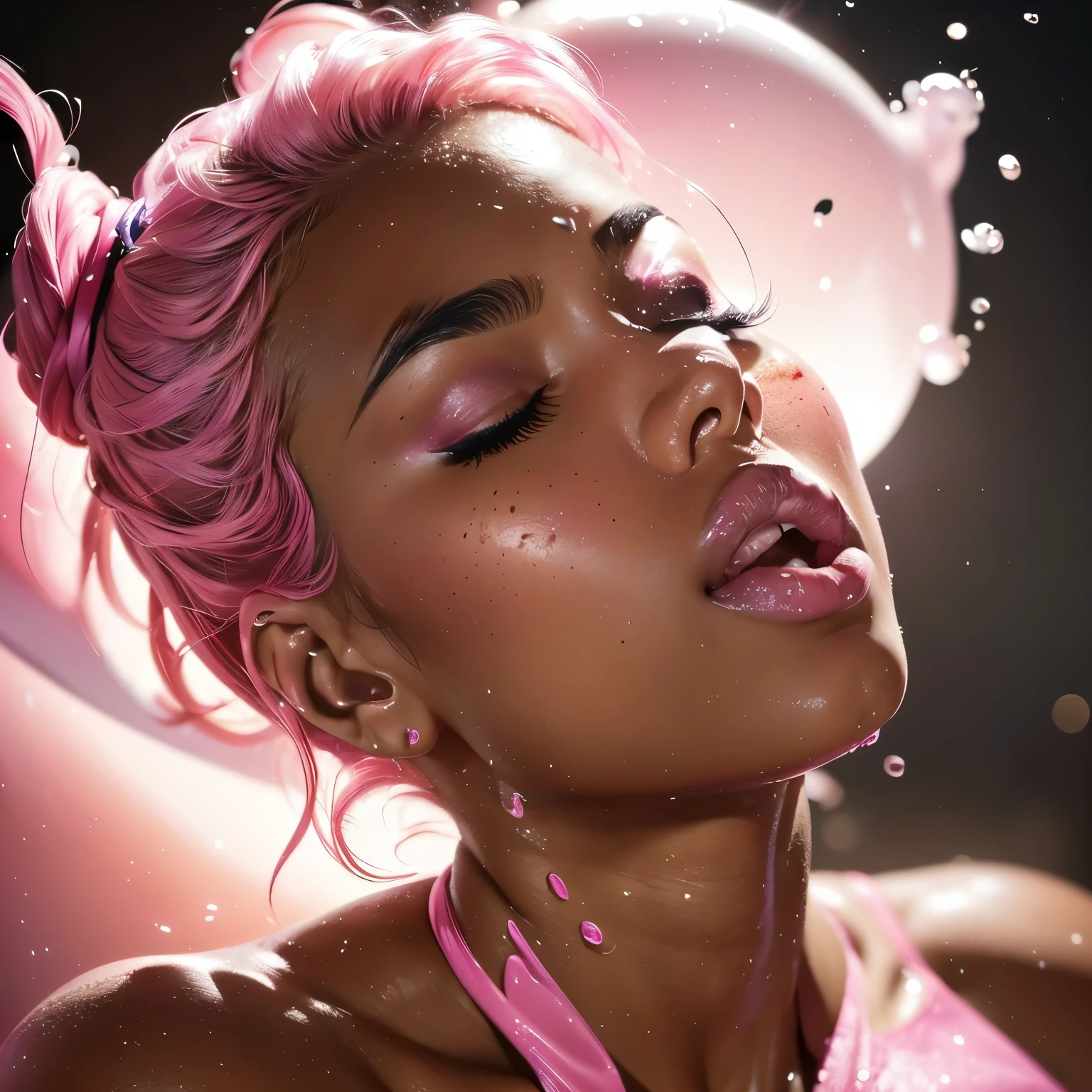 1girl, head phones, under pink bubble water, (1), (Latina), dark skin, wide shot, (pink strapless dress), (Masterpiece, Professional lighting, 16k, 8k wallpaper, raw photo, photorealistic:1.8, ultra detailed, natural lighting, detailed skin sexy pose, open mouth, big lips, night time, eyes closed, pink light, steam, pink foam