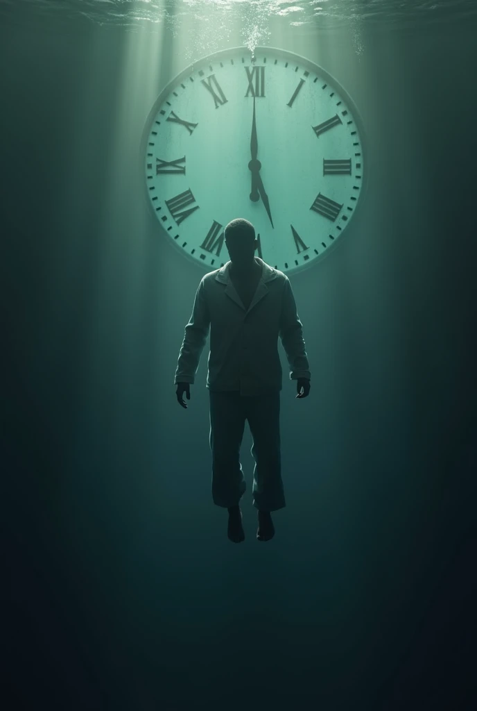 Silhouette of man in pajamas falling to the bottom of the water with an old clock marking 12 o'clock in the background