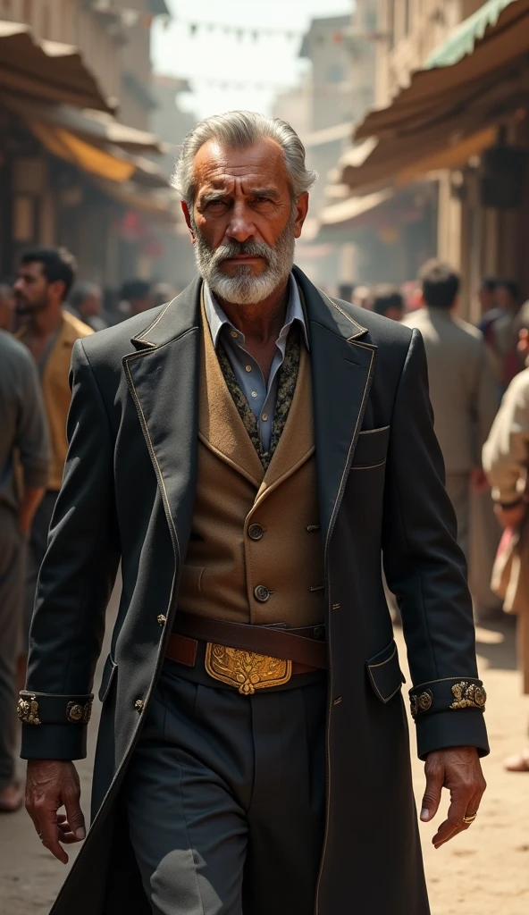Victor is a tall, middle-aged man in his late 40s, always dressed in luxurious garments. His tailored suits are made of fine fabrics, and he often wears a gold ring to symbolize his success. He has a neatly trimmed beard and a stern, serious expression, with sharp eyes that are always calculating. Introduce Victor, the wealthy merchant. Describe his appearance, his life of luxury, and his cold demeanor as he walks through the market. Show his indifference to the poverty around him.