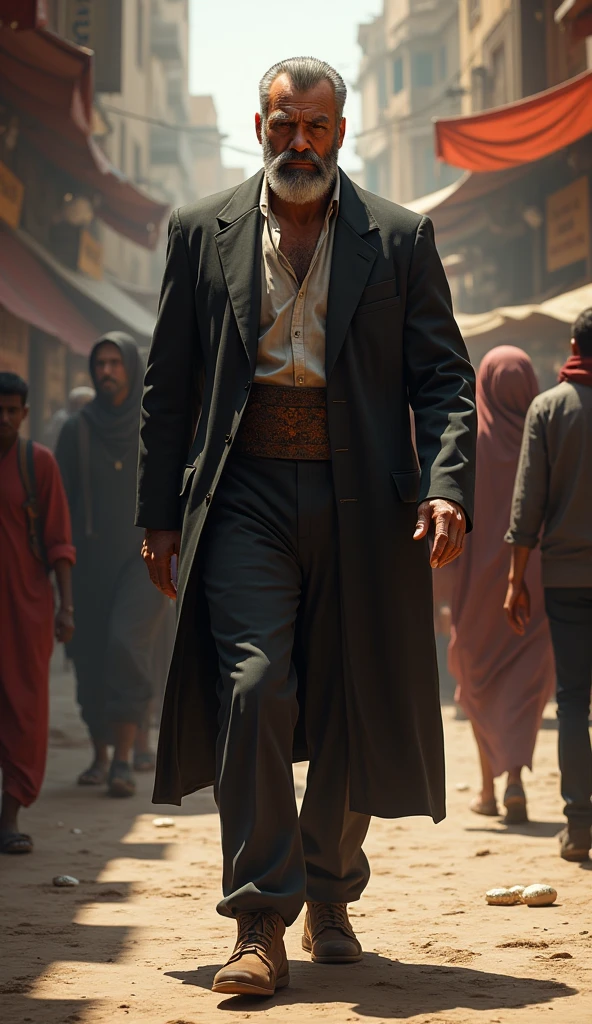 Victor is a tall, middle-aged man in his late 40s, always dressed in luxurious garments. His tailored suits are made of fine fabrics, and he often wears a gold ring to symbolize his success. He has a neatly trimmed beard and a stern, serious expression, with sharp eyes that are always calculating. Introduce Victor, the wealthy merchant. Describe his appearance, his life of luxury, and his cold demeanor as he walks through the market. Show his indifference to the poverty around him.