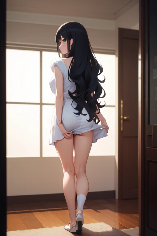 ((Best quality, masterpiece, 4k, best anatomy)), cute elf girl, (violet hair), ((very long hair)), perfect face, (yellow eyes), (naked), ((flat chest)), ((21 years old)), skindentation, extreme detail, attractive angular face, red lips, pink nipples, glossy skin, detailed hair, full body, close-up chest, ornamental gold necklace, gold earrings, ((1 girl)), embarrassed expression, innocent smile, (high heels), standing, long legs, ((slender)), ((petite)), blush, empty white background, ((thigh-high socks))