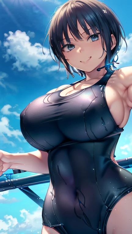 (8k、Best image quality、Highest quality、masterpiece)、Detailed face、1 person、He is black、dull、Wicked Smile、Cowboy Shot、blue sky、Pool Background, (Huge breasts:1.8), (thin:1.2), (latex:0.8) , (Realistic swimsuit:1.6), (One piece swimsuit:1.6), (:1.4),   (Pale skin:0.4), (From below:1.6), (Upper Body:1.6), 