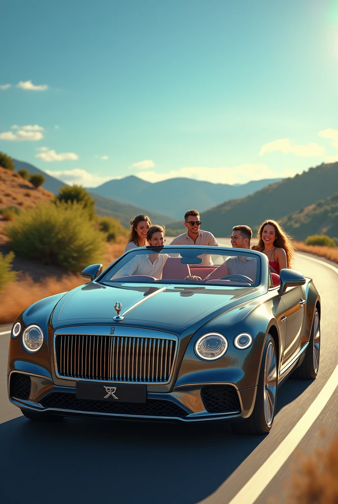 Take me a picture of some happy people in a luxury car