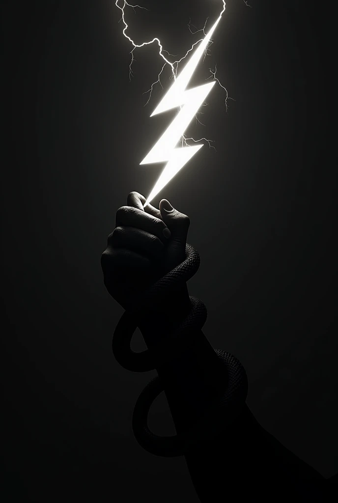   
Create an image with a silhouette style of a hand holding a horizontal three-pointed lightning bolt and around the forearm wrapped 2 snakes
