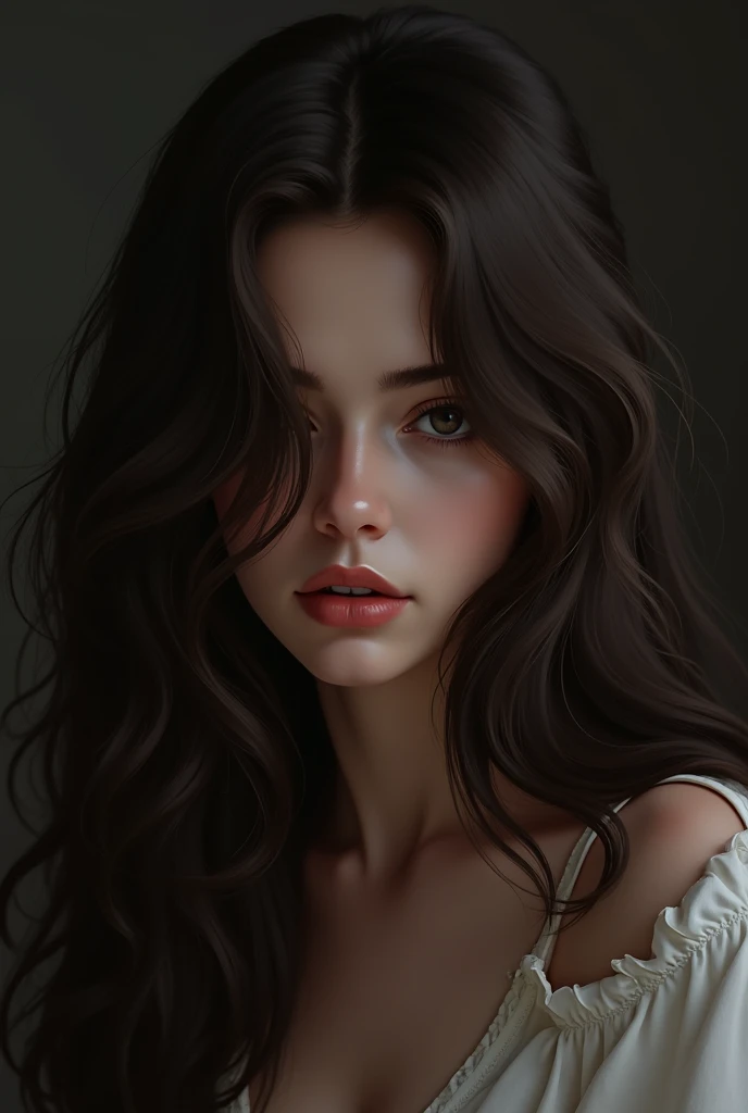 woman with dark brown wavy hair, covering her face dramatically