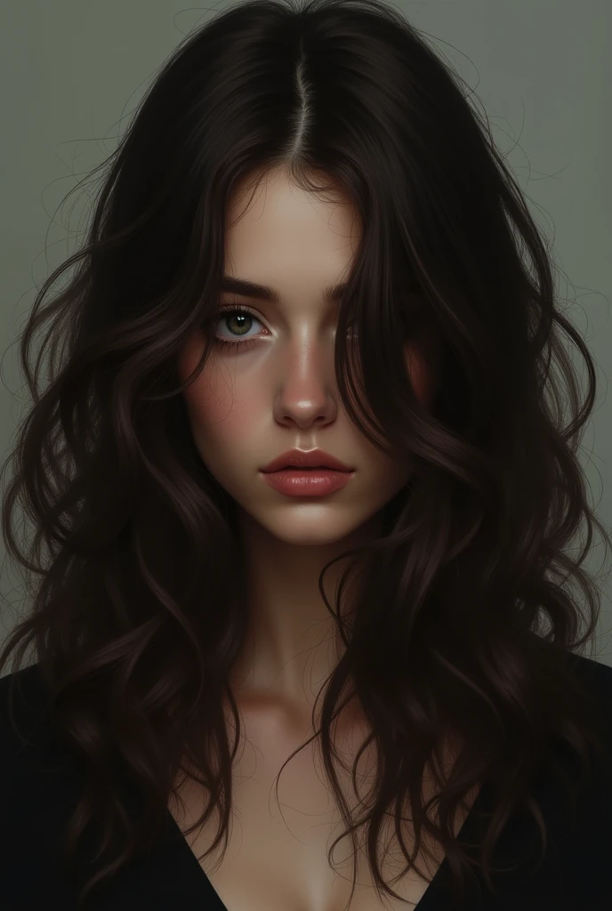 woman with dark brown wavy hair, covering her face dramatically