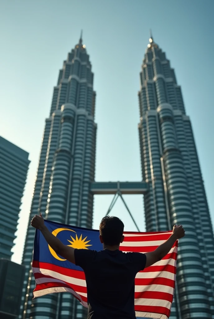 Create a cinematic photo of a person standing under the Petronas Towers, facing away from the camera, waving the Malaysian flag. The scene captures the spirit of National Day celebration.16:9