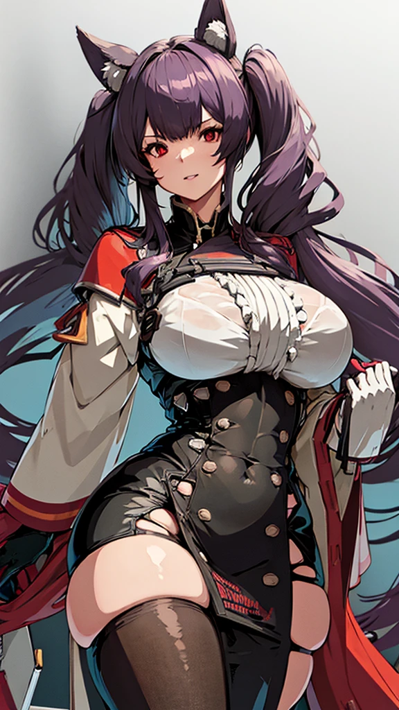 High detailed, 1 girl, pola_azurlane
breasts, long_hair, violet_hair, twintails, red_eyes, large_breasts,, big busty, firm curvy body, burgundy shirt, cute ribbon in collarbone, deep cleavage, Juliet sleeves, pencil skirt, black skirt, red gloves