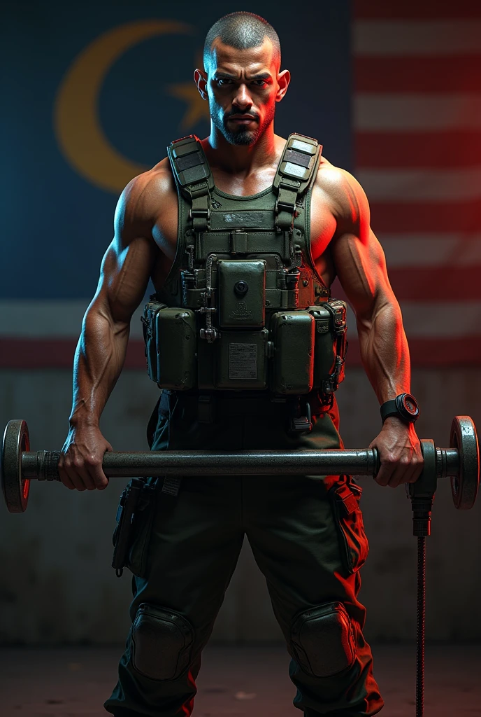 a soldier holding a bar forming a human flag, Malaysian flag on body, photo-realistic, highly detailed, cinematic lighting, dramatic angles, muscular physique, intense expression, realistic skin texture, military uniform, dynamic pose, patriotic, vibrant colors, 4k, hyper detailed, photorealistic, studio lighting, sharp focus, physically-based rendering, professional, vivid colors