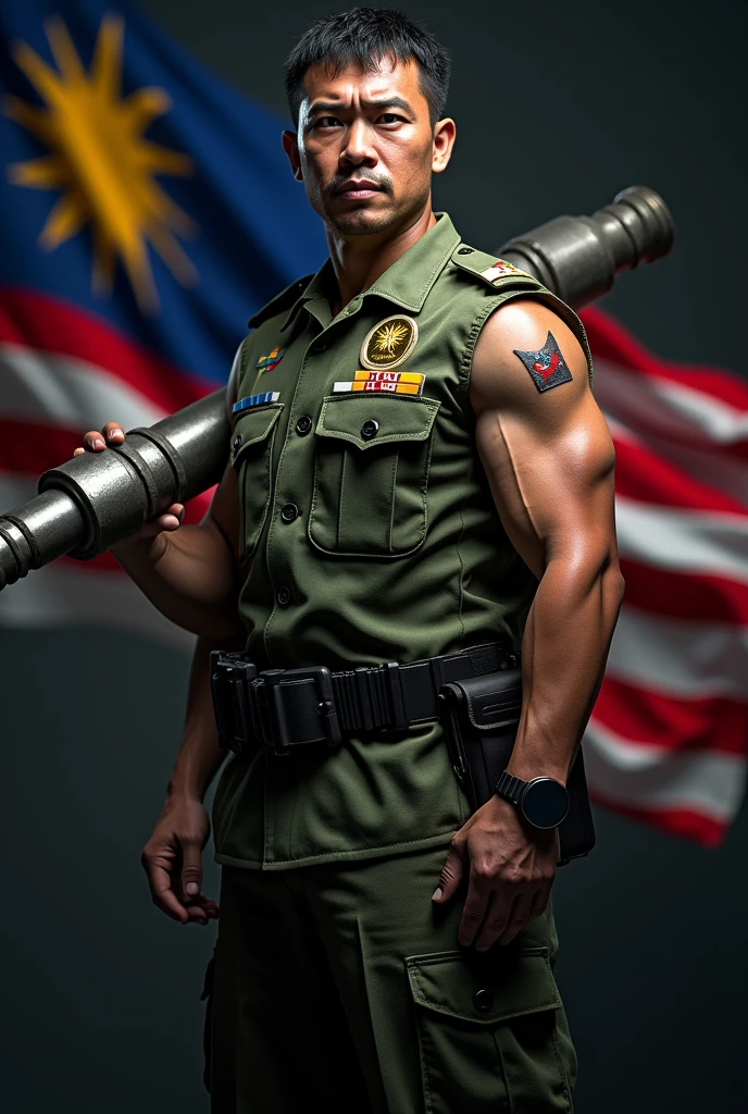 a soldier holding a bar forming a human flag, Malaysian flag on body, photo-realistic, highly detailed, cinematic lighting, dramatic angles, muscular physique, intense expression, realistic skin texture, military uniform, dynamic pose, patriotic, vibrant colors, 4k, hyper detailed, photorealistic, studio lighting, sharp focus, physically-based rendering, professional, vivid colors