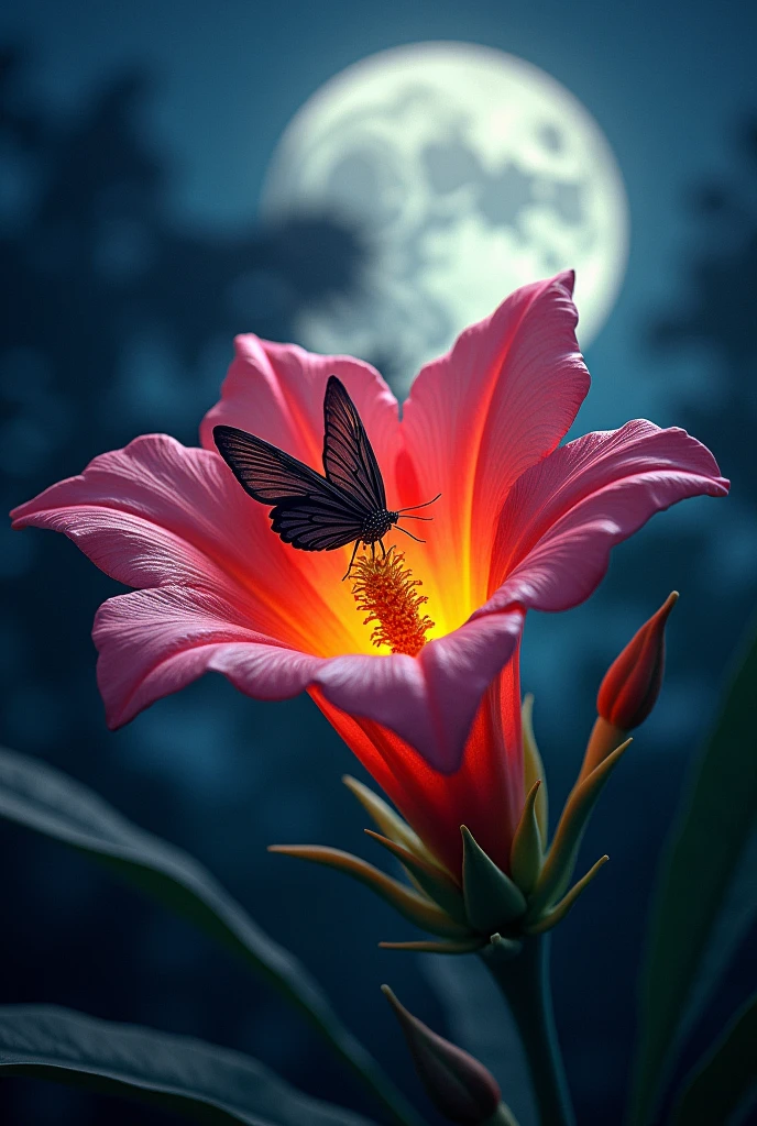 Pitahaya trumpet-shaped flower with a nocturnal moth also in profile