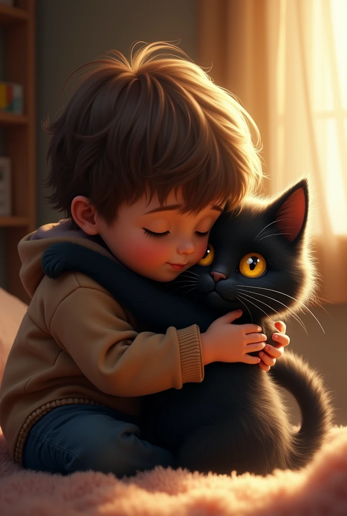 Cute black kitten、Being held by his cute owner's little one