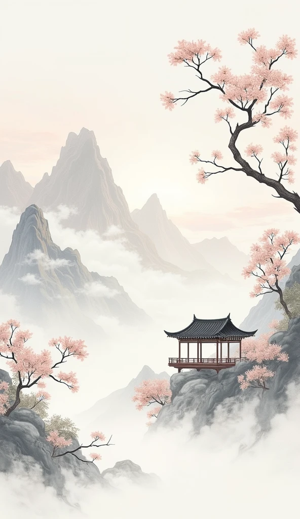 Chinese style，Mountain，cloud，pavilion，Ink Painting，Elegant，flower，Leave white space in the middle of the screen，poster design