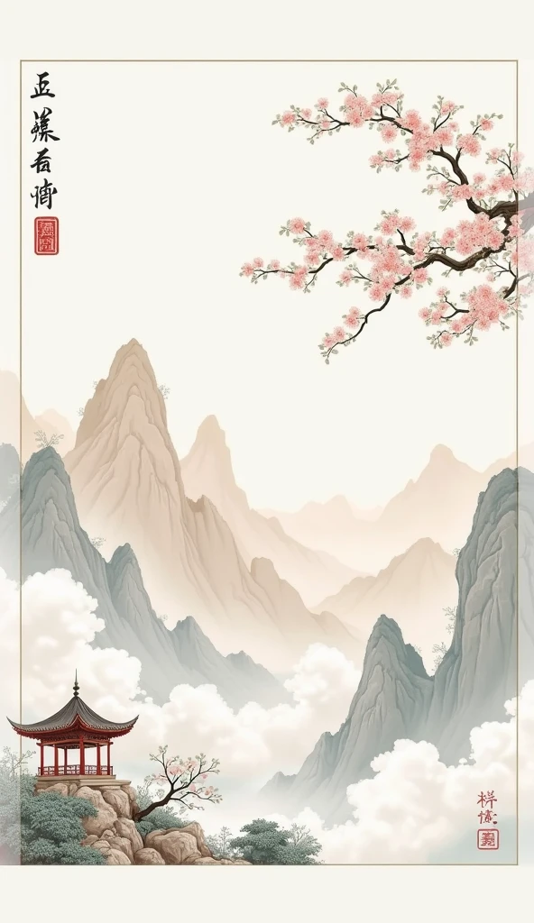 Chinese style，Mountain，cloud，pavilion，Ink Painting，Elegant，flower，Leave white space in the middle of the screen，poster design