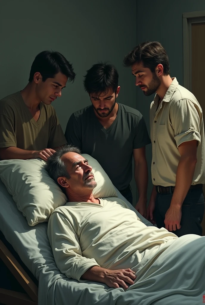 The man lying in bed, looking ill and weak, with his sons standing around him, looking concerned.
