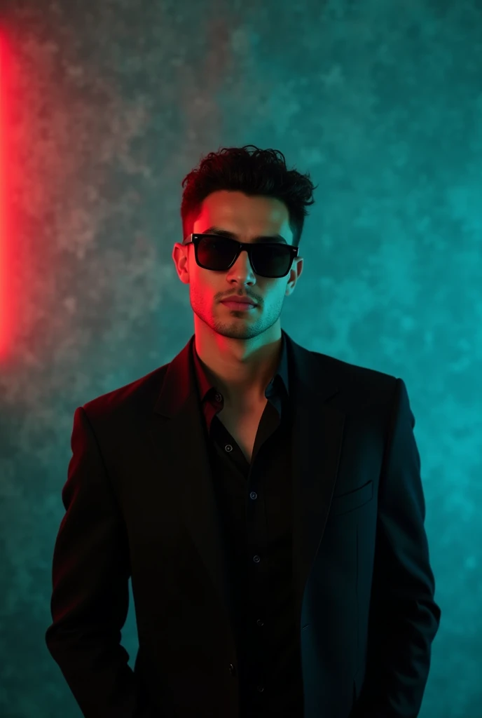A young man with short dark curly hair and a confident look.he is dressed in a black blazer over a black  shirt with a black sunglasses.the men is positioned against aqua colour black drop with a subtile red lighting on the left side and he positioning for LinkedIn.