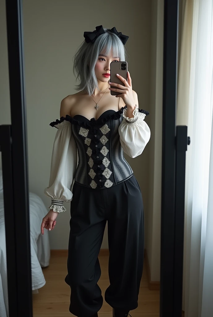 highly detailed, beautiful, hyper Realistic girl, masterpiece, best quality, Japanese sexy gravure Instagrammer, 28-years-old, identity hidden, all body shot, , takes a selfie in her room using a smartphone in front of a mirror with one hand, fashion model Posing, standing, looking away from the camera, /// gray arranged hair, light color eyes, Realistic skin, Detailed face, /// Pierrot Costume, Opt for a fitted corset bodice with black and white diamond patterns, accentuating the waist, Layer with a ruffled, off-the-shoulder blouse in contrasting black and white hues, adorned with oversized bows for a whimsical touch, BREAK Pair with high-waisted black pants, featuring exaggerated ruffles or pleats for added volume and drama, Accessorize with black and white striped stockings or tights, and patent leather ankle boots with oversized buckles for a modern twist on classic clown footwear, arranged gray hair, /// Monotone simple modern taste single room, mirror, complicated background