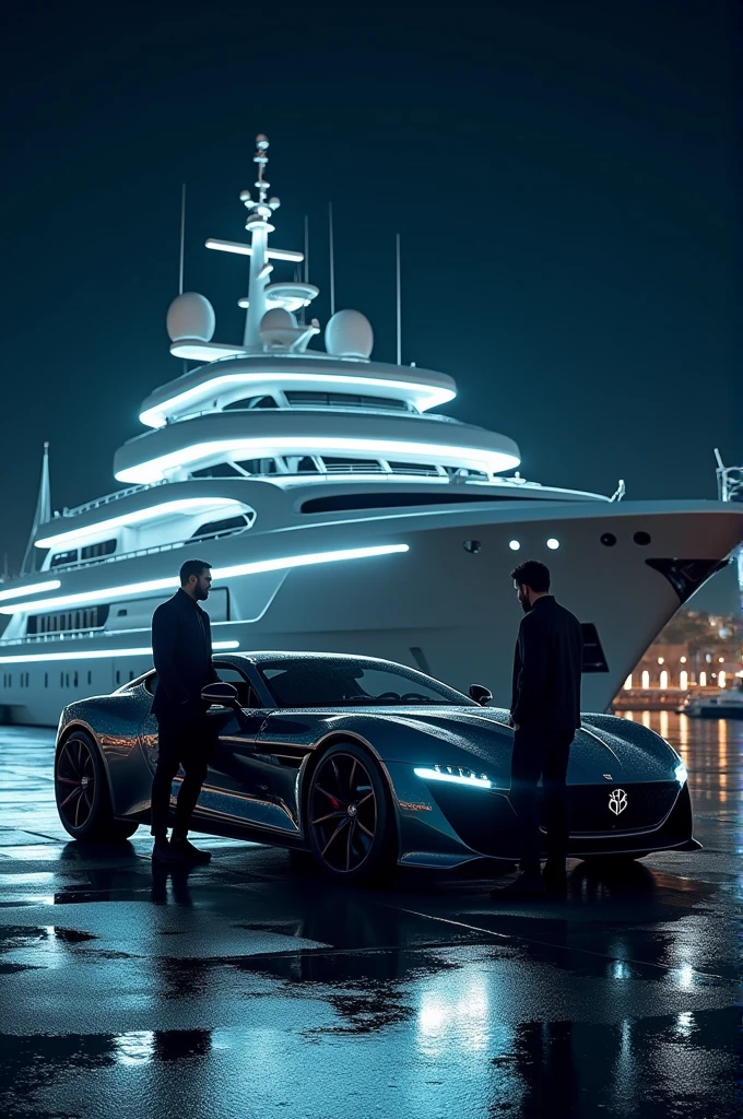 Setting and Environment:The setting is a nighttime scene at what appears to be an exclusive marina, surrounded by luxury yachts. The sky is dark, indicating that it’s late in the evening or at night.The background is dominated by a massive, modern yacht docked just behind the car and the two men. The yacht is lit up with bright, white lights, emphasizing its grandeur. The lights are arranged in sleek, horizontal lines along the edges of the yacht, giving it a futuristic appearance.Additional boats or parts of yachts can be seen faintly in the background, indicating that this marina is likely home to several large vessels. The reflections of the yacht's lights on the water create a shimmering effect, adding to the overall opulent atmosphere.The marina itself has a clean, well-maintained paved surface. The pavement is dark and smooth, with subtle reflections of light from the yacht and other surrounding sources, contributing to the high-end feel of the location.The Car:The BMW in the foreground is a high-performance, luxury sports car. It is a dark black or deep charcoal color, with a high-gloss finish that reflects the lights from the marina.The front of the car is facing the camera, displaying its aggressive, sporty design. The grille is large and prominent, with the iconic BMW star emblem centered at the front.The car’s headlights are sleek and sharp, though they are not turned on in the image. The design of the headlights adds to the car's modern, high-tech appearance.The car is parked at a slight angle, not directly facing the camera but slightly turned to the side. This angle allows for a better view of its side profile, highlighting its low, aerodynamic stance.The Men:Man on the Left:This man is standing casually to the left of the car, closer to the front end. His posture is relaxed, with his legs slightly apart and his left hand resting loosely by his side.He is wearing a loose, light yellow or beige button-up shirt, which appears to be made of a lightweight,
