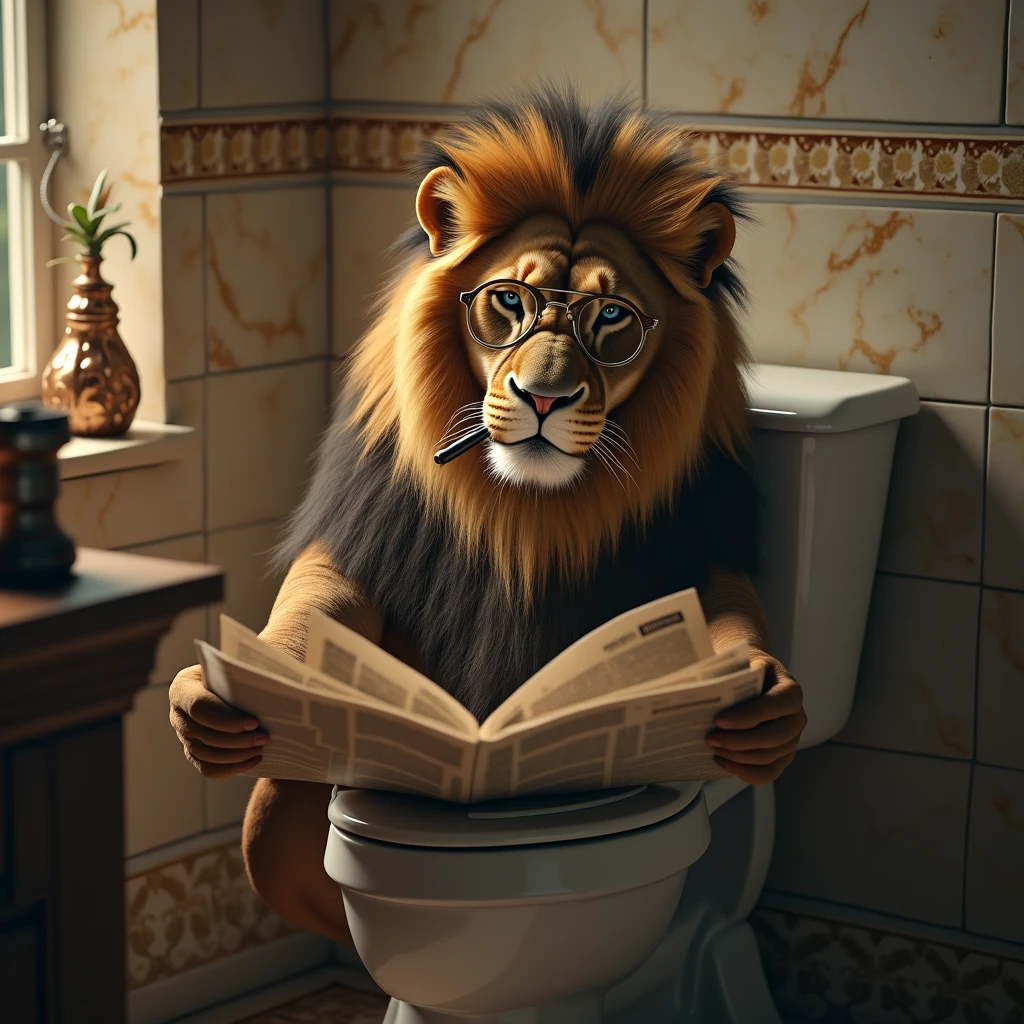 a lion sitting on a toilet in a bathroom, reading a newspaper, wearing glasses and smoking, detailed facial features, extremely detailed, hyperrealistic, 8k, high resolution, photorealistic, cinematic lighting, dramatic shadows, rich colors, golden hour lighting, intricate details, luxurious bathroom interior, marble tiles, elegant fixtures, steam and mist, surreal, whimsical, humorous