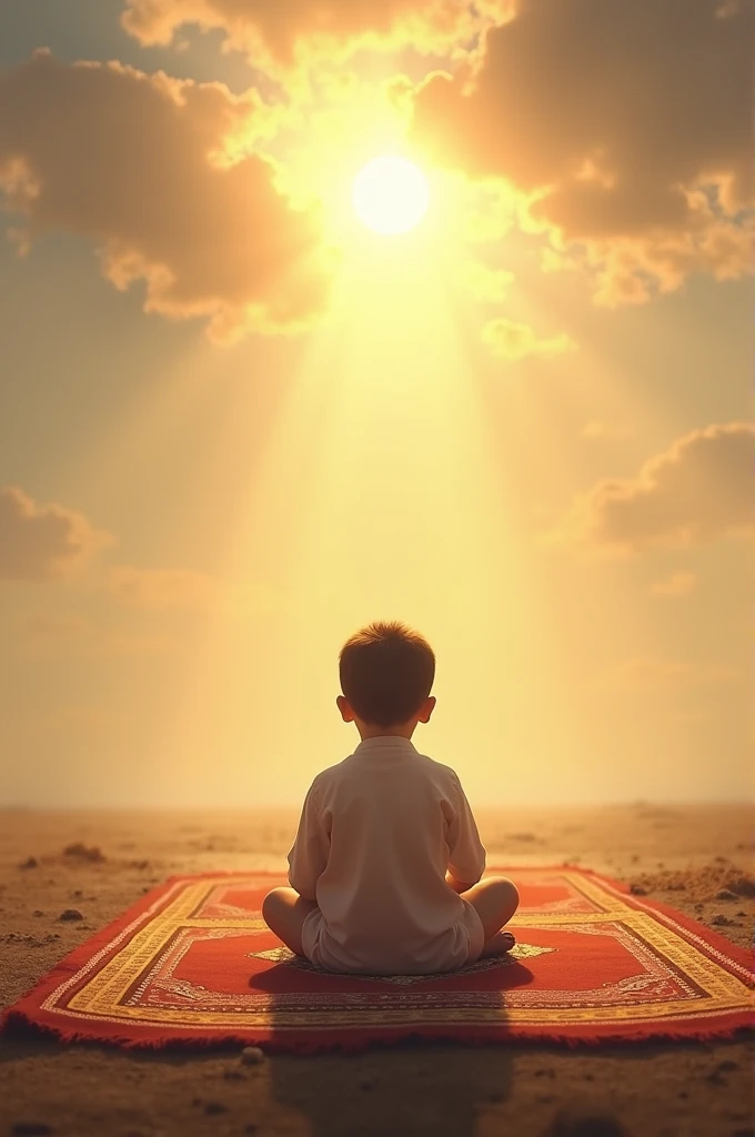 Make me the image on book title in religion Islam " what makes us pray".in image show me the sitting on the prayer carpet and the sun is shining above