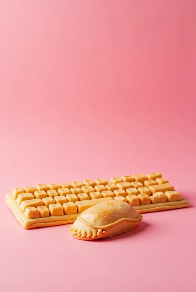 Mouse and keyboard, made of puff pastry, pink back ground 