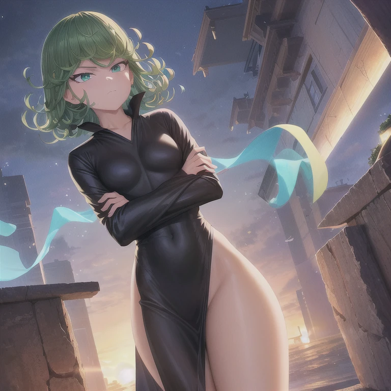 (masterpiece, best quality:1.2), cowboy shot, solo, 1girl, tatsumaki, lustful smile, closed mouth, looking at the viewer, ass, wide hips, black dress, night sky, clouds, erotica