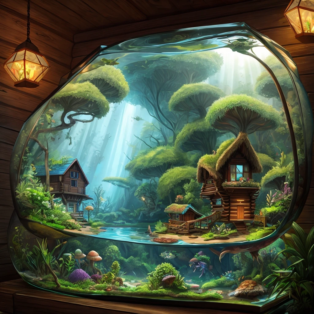 A terrarium with a fungal biome on the left, an aquatic biome on the right and a wooden cabin in the middle