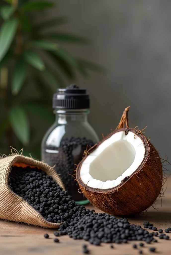 a coconut, Next to the coconut, a bag with activated carbon, accompanied by an activated carbon soap, and next to it a simple water filter with activated carbon ( an inverted bottle with layers of filter inside)