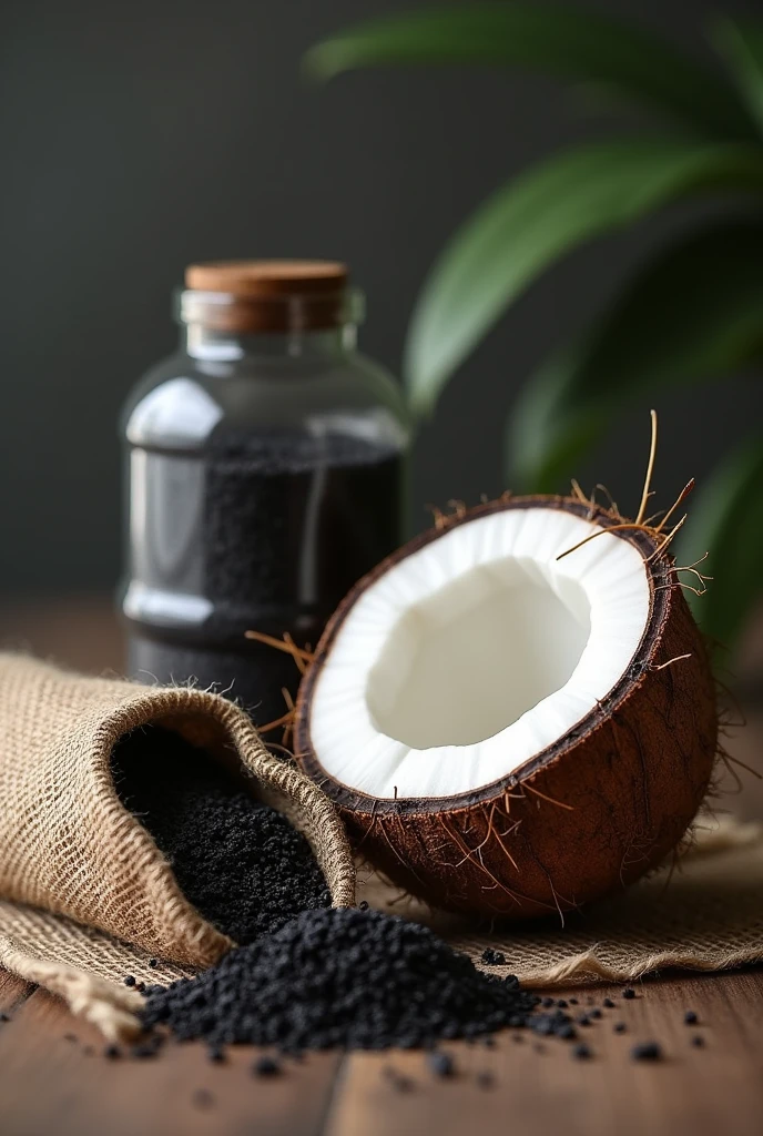 a coconut, Next to the coconut, a bag with activated carbon, accompanied by an activated carbon soap, and next to it a simple water filter with activated carbon ( an inverted bottle with layers of filter inside)