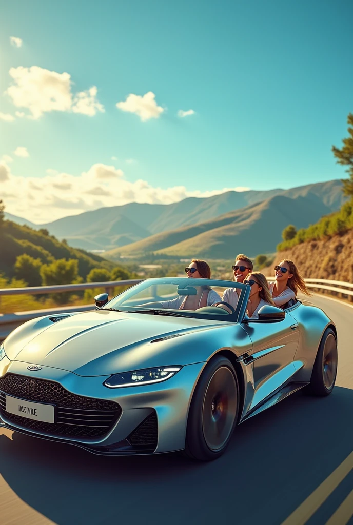 Take me a picture of some happy people in a luxury car