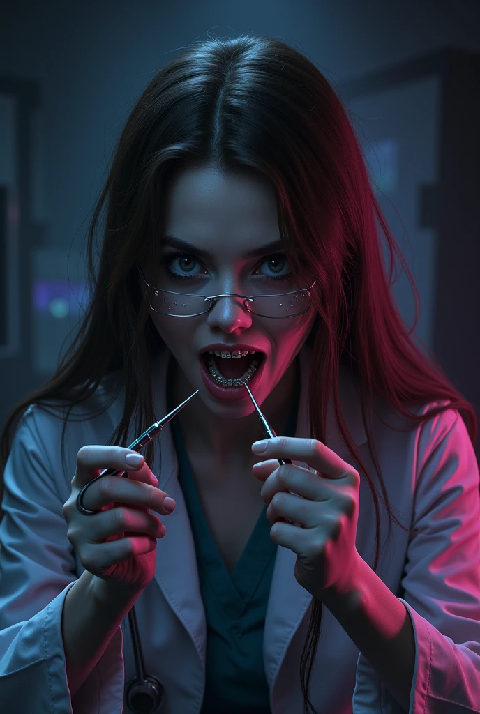 Female, brown hair, wearing orthodontic headgear, wearing braces. Showing teeth/wearing braces. Looking down at you from a low angle. dark background. Doctor attire. Holding scalpel and small mouth mirror. Wearing orthodonic gloves. Wears braces headgear. Long brown hair over shoulders. Dark purple and black lighting.