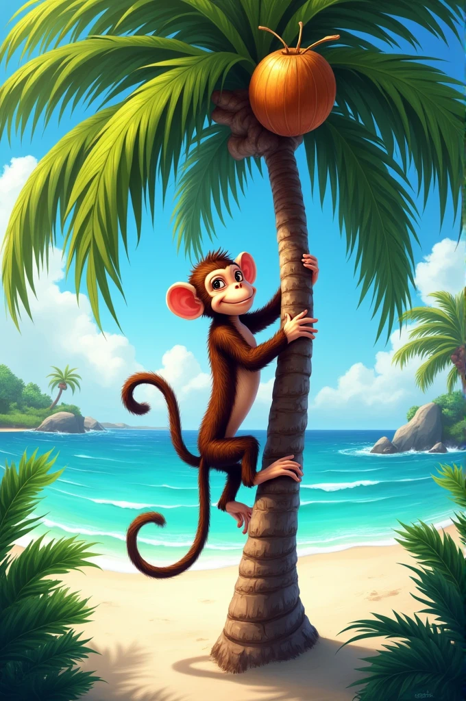 A monkey climbing a coconut on the beach 