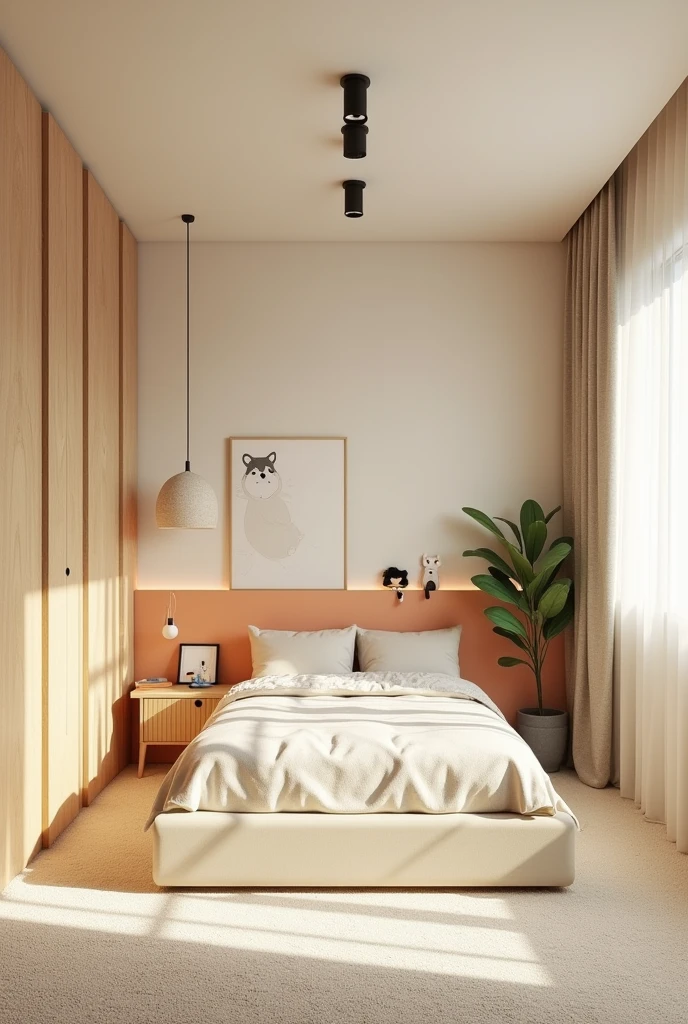 Professional 3d architecture rendering design of modern and light moss and so light Thunder and light orange and cream and wooden Modern and minimal design for chid bedroom and light cream carpet with animals painting and white painting wall and light wooden closet with animals painting and modern ceiling lighting and modern curtains for chid room and the child large bed similar globe and safety chair for chid and wall and carpet with painting animals design