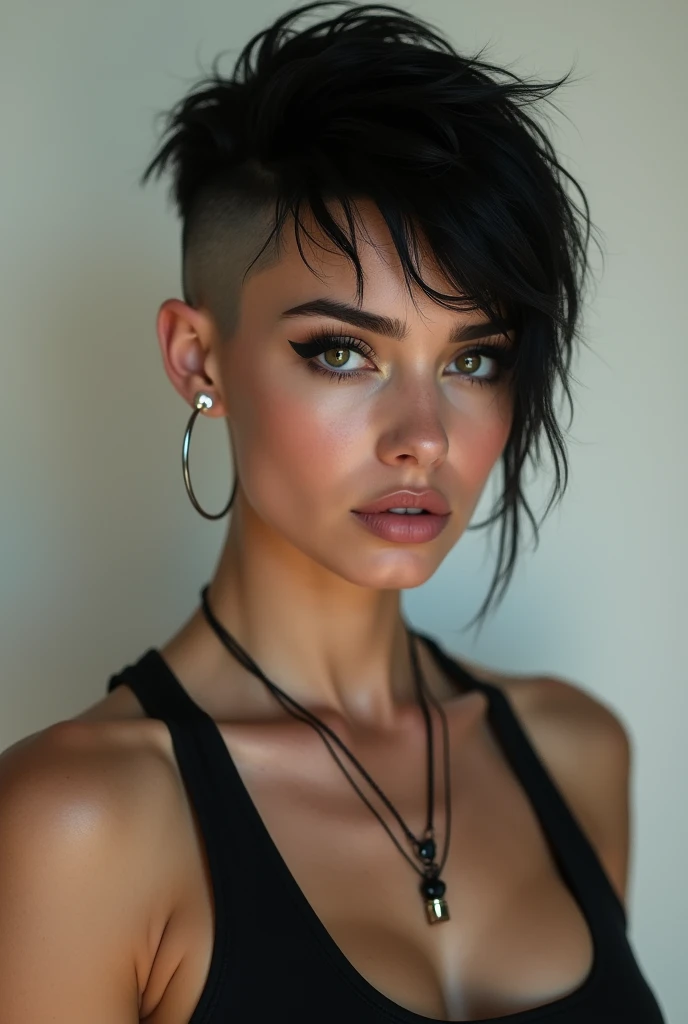 Vladislava Galagan. 23 years old. Thick muscular woman Black short hair shaved on the side. Flat chested. Russian,  looks like Kendall Jenner.