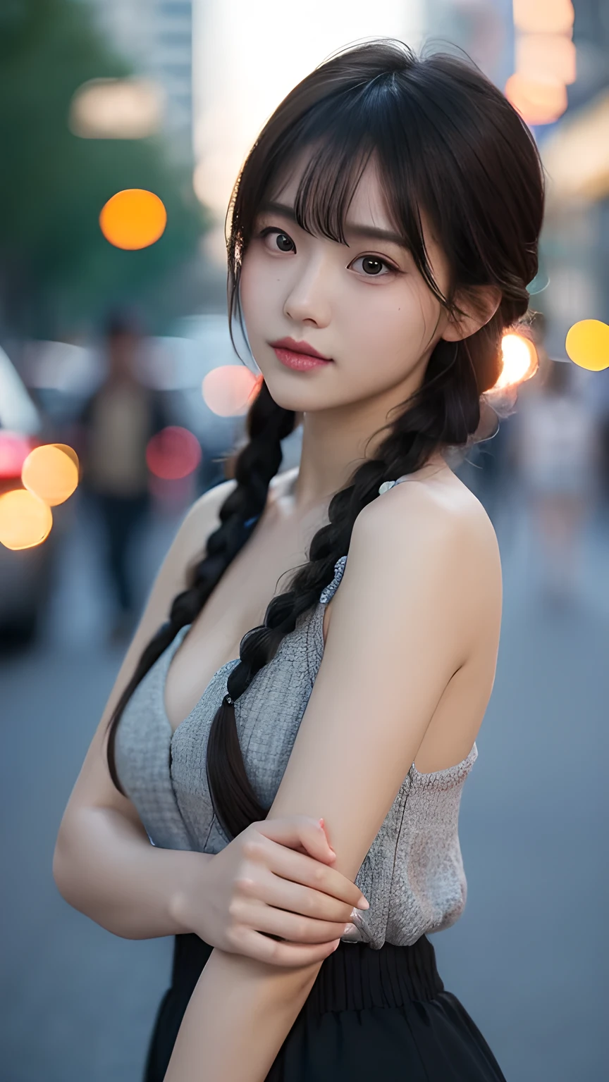 best quality, Reality, 1 Girl, Miss,(Skin Indentation), Medium breasts, (bright), (Professional lighting, Bokeh), (street), people, crowd, Braided Bangs, (Women&#39;s shirts:1.5), (Wear:0.8), Gorgeous, bloom, Flowing hair, (Dynamic poses:0.6) , Soft lighting, 