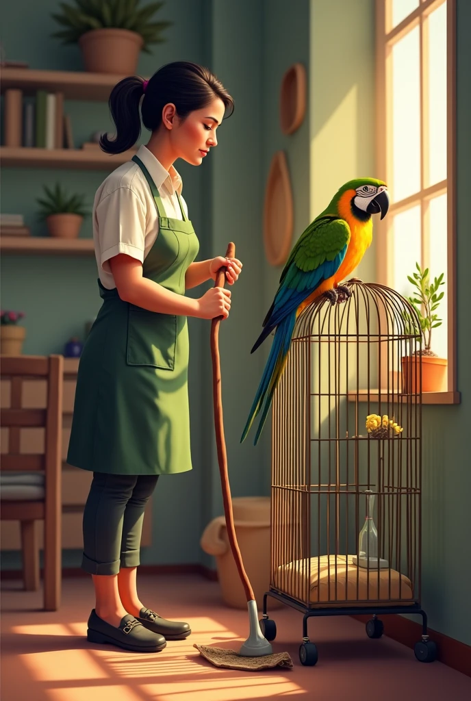 35 year old Mexican cleaning lady, cleaning a parrot&#39;s cage