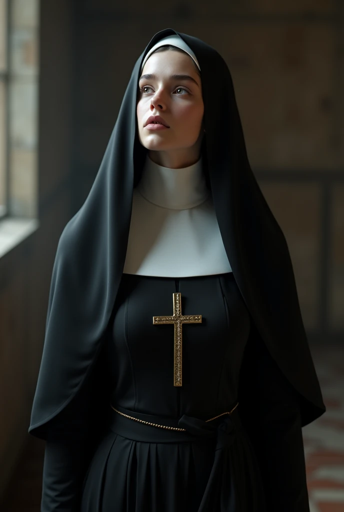(photorealism:1.2), Beautiful young nude nun with black habit cross on the chest