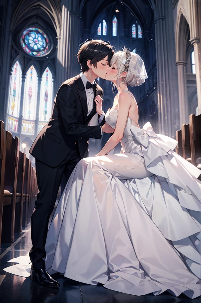 (masterpiece), 4K,{{{2 women}}}, Wedding dress,tuxedo,Lesbian,shoes,headgear, wedding,church,牧師の前で誓いのkiss,kiss,Angle from a distance