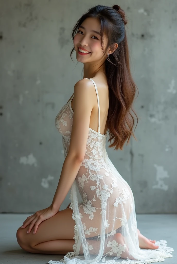 (Highest quality:1.4),(masterpiece:1.4),(Realistic:1.4),(Realistic:1.2),(超High resolution, RAW Photos:1.4),(High resolution, Very detailed:1.2),(8k:1.2),photograph,(Shot from behind:1.3)、Korean women、brown hair photos,One Woman,alone,(In underwear),Very large breasts,((Thigh to head shot:1.3))、(((topless、You can see her large breasts from the side.)))、((Toothy smile))、((Very large breasts:1.4))、Realistic skin textures、Slightly freckled、Slender figure、Realistic skin textures、((background,Concrete wall:1.3)),(topless,The breast is visible from the side:1.6),(Long lace slip,White)、33-year-old woman、The angle at which the nipple is not visible、((Updo long hairstyle))、((White,Long lace slip:1.4))、Correct toes、Detailed facial features、Kneeling pose on the floor、Hands on the floor、Long slips cover the soles of your feet